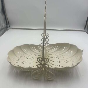 Cream Metal Clamshell Folding Basket Filigree Scrollwork Victorian Shabby Chic